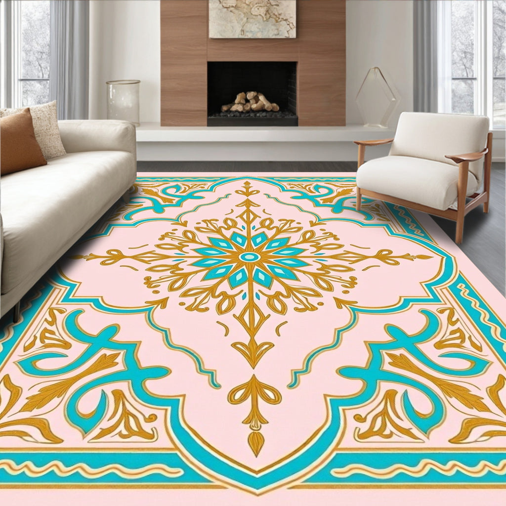 Turquoise Gold Floral Medallion Rug