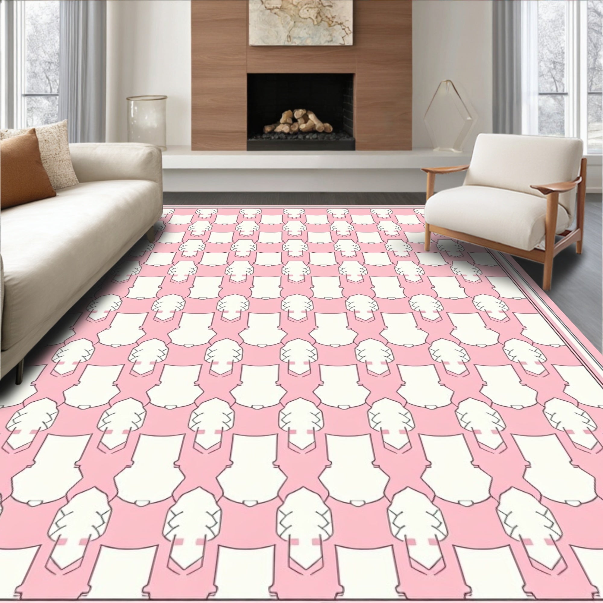 Pink White Geometric Repeating Pattern Rug