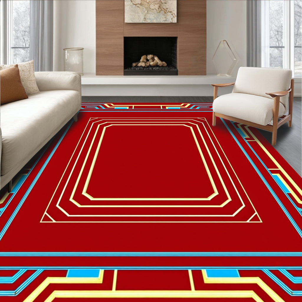 Red Gold Blue Geometric Border Pattern Rug