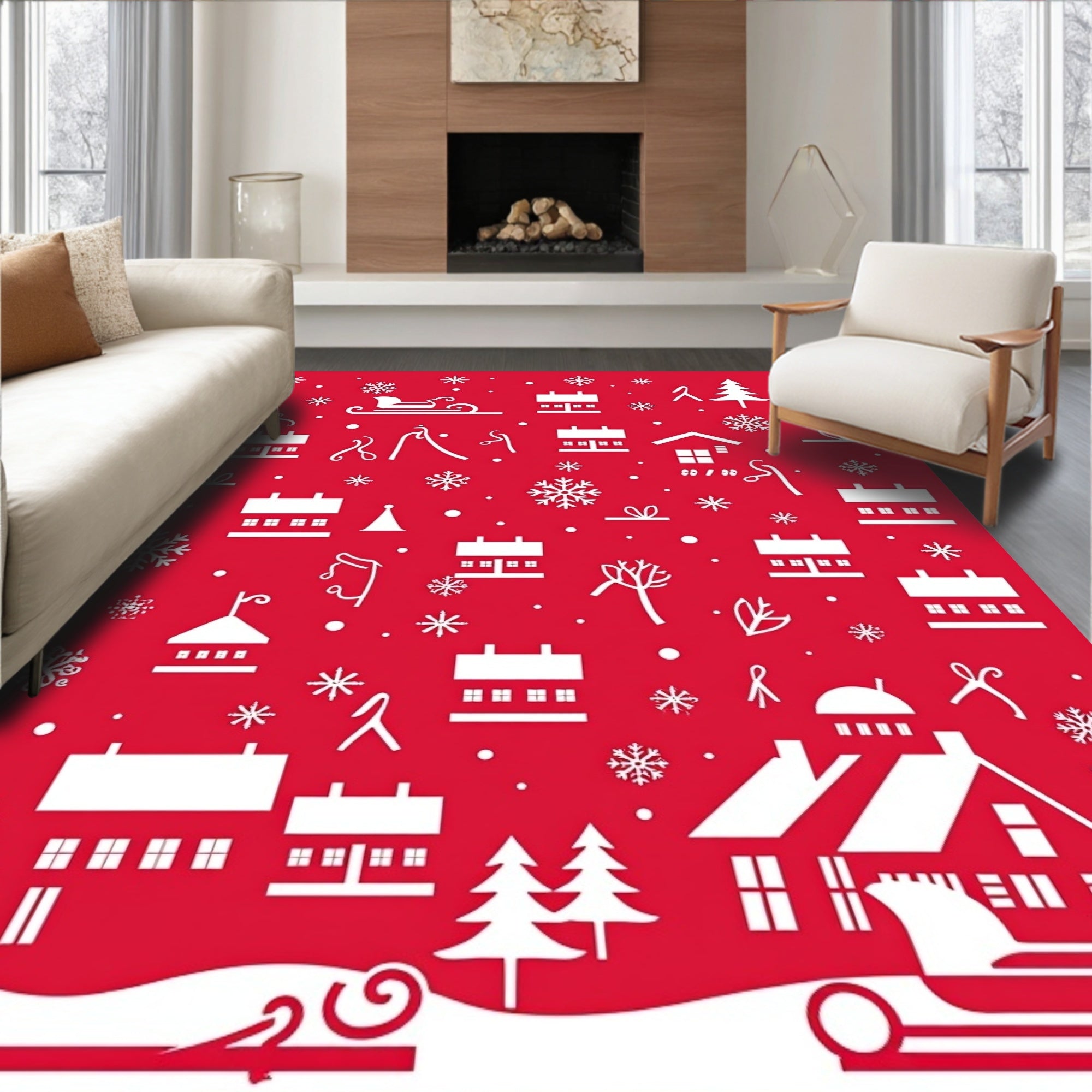 Winter Village Scenic Pattern Design Rug