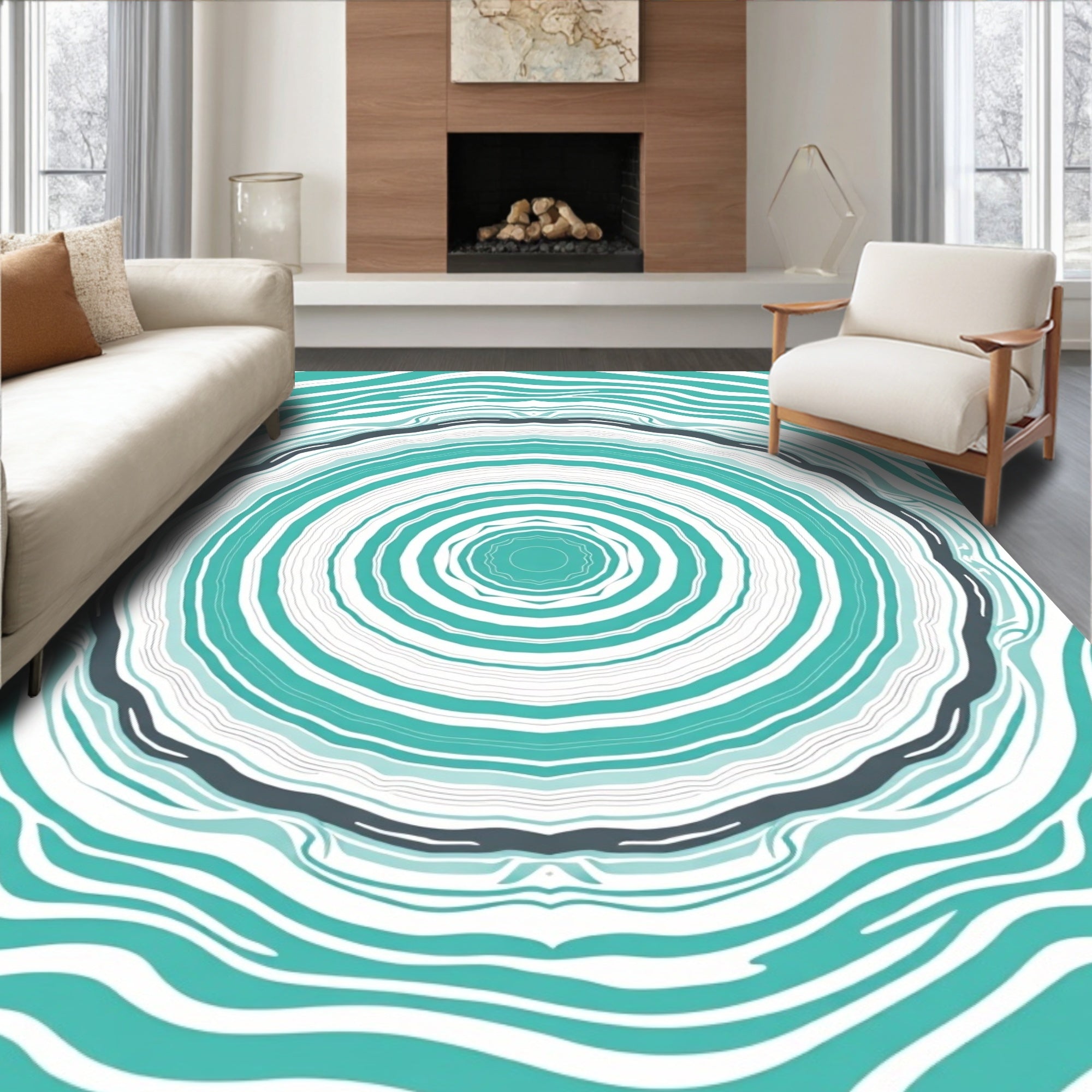 Teal Geometric Ripple Pattern Rug