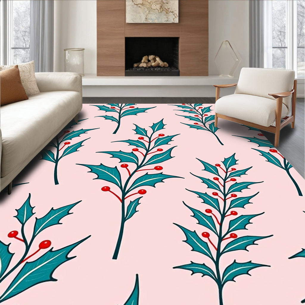 Teal Holly Berry Branches on Pink Rug