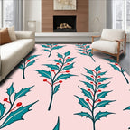 Teal Holly Berry Branches on Pink Rug
