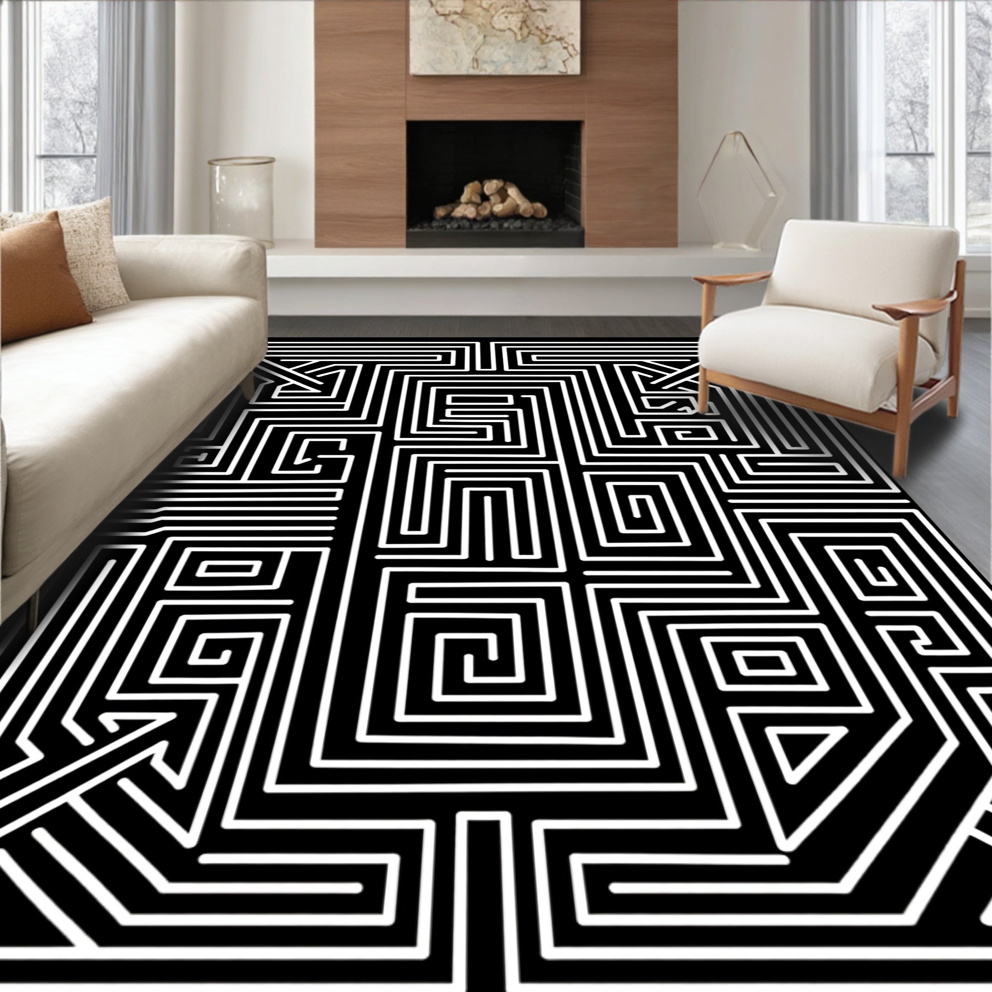 Modern Black White Maze Pattern Rug