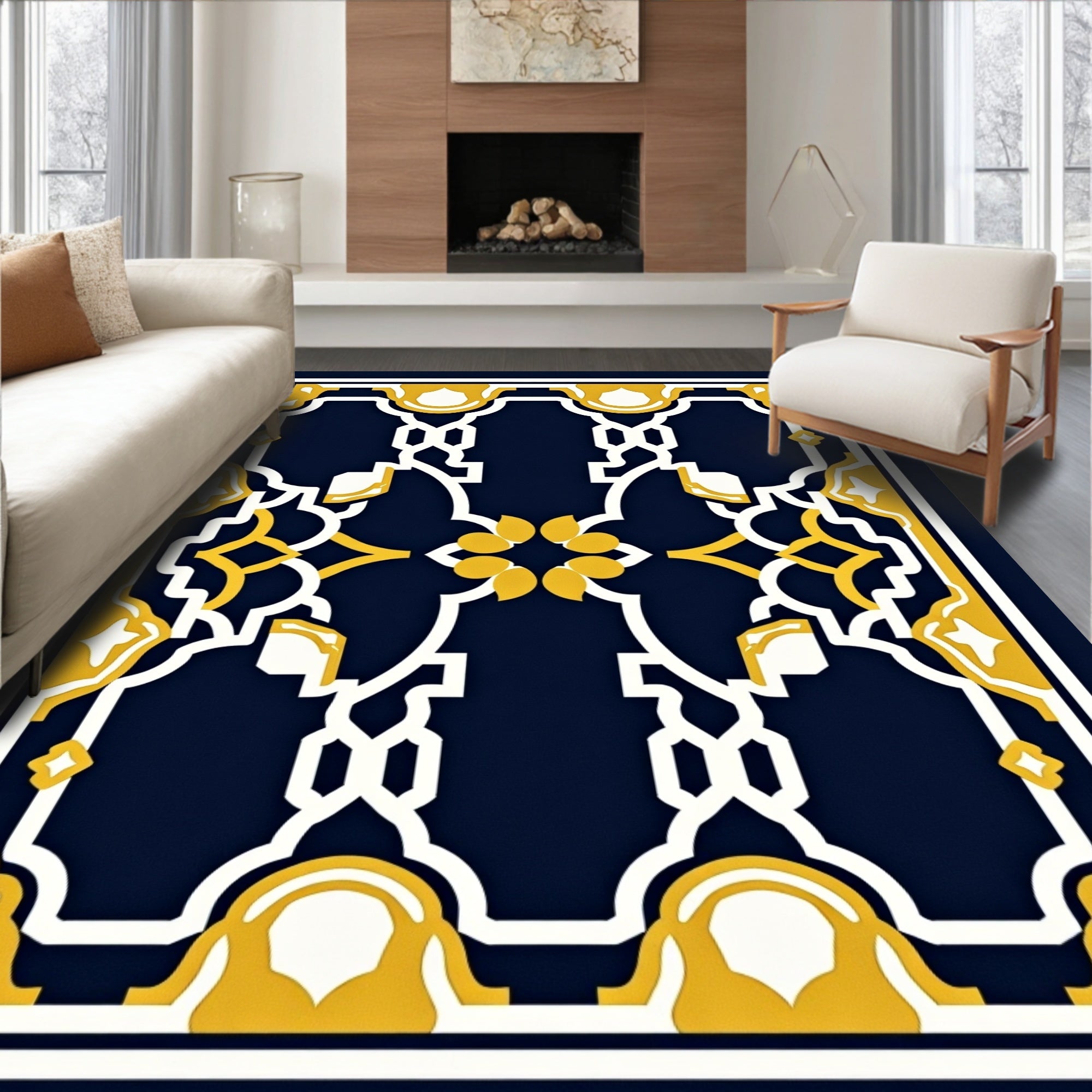 Royal Blue Yellow Geometric Pattern Rug