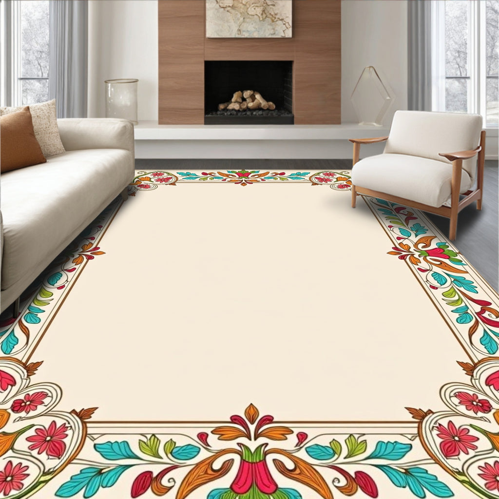 Vibrant Floral Scrollwork Border Design Rug