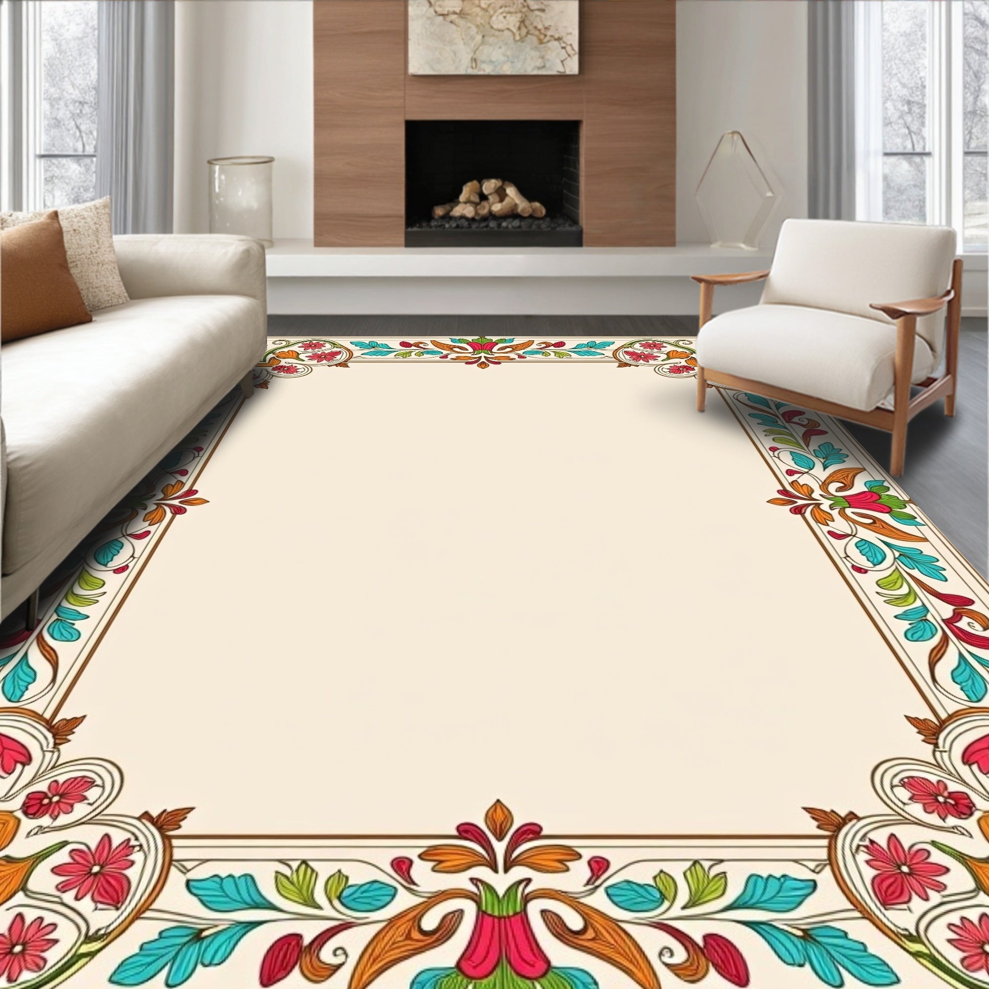 Vibrant Floral Scrollwork Border Design Rug
