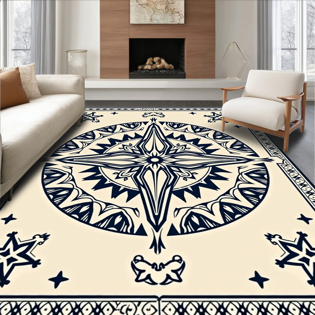 Navy Starburst Bordered Pattern Rug