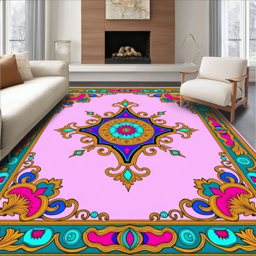 Vibrant Floral Medallion Border Pattern Rug