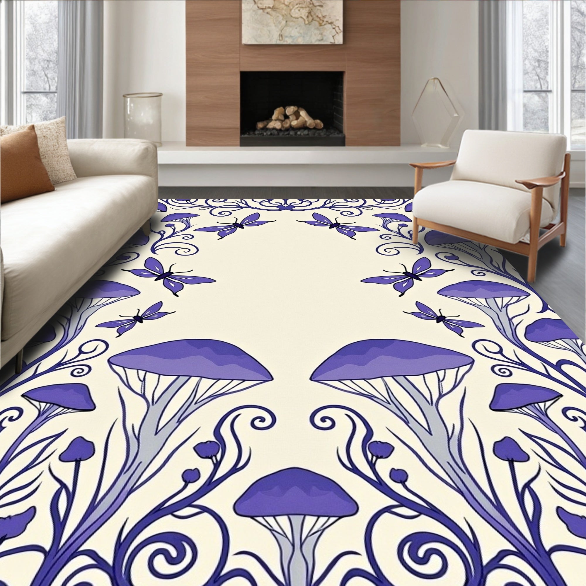 Enchanting Purple Mushroom Butterfly Border Rug