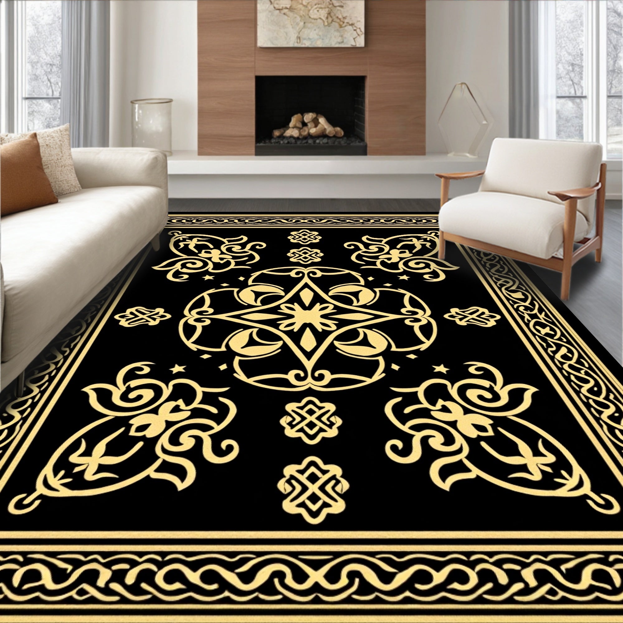 Gilded Black Floral Medallion Border Rug