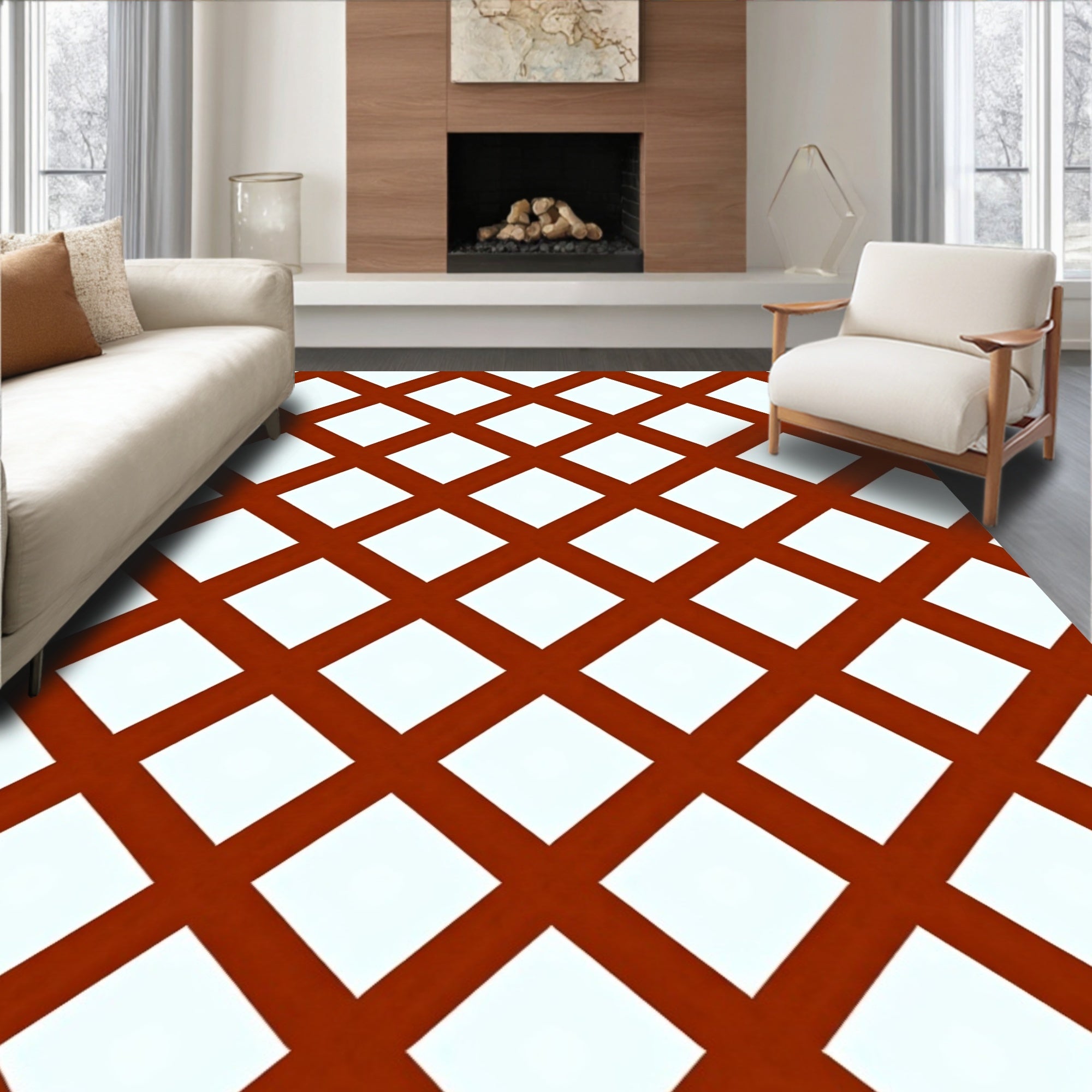 Red White Lattice Diamond Pattern Rug