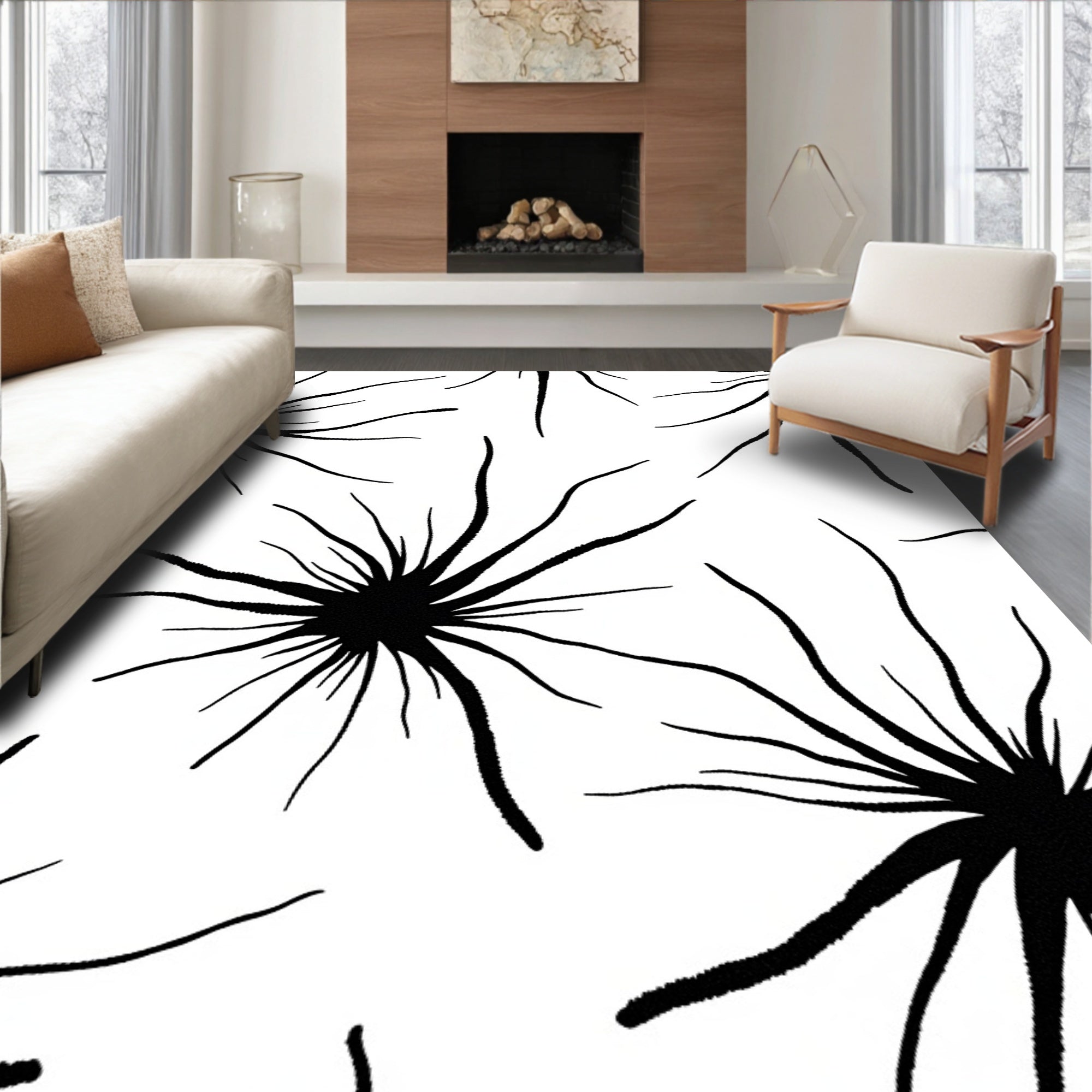Abstract Starburst Black White Pattern Rug