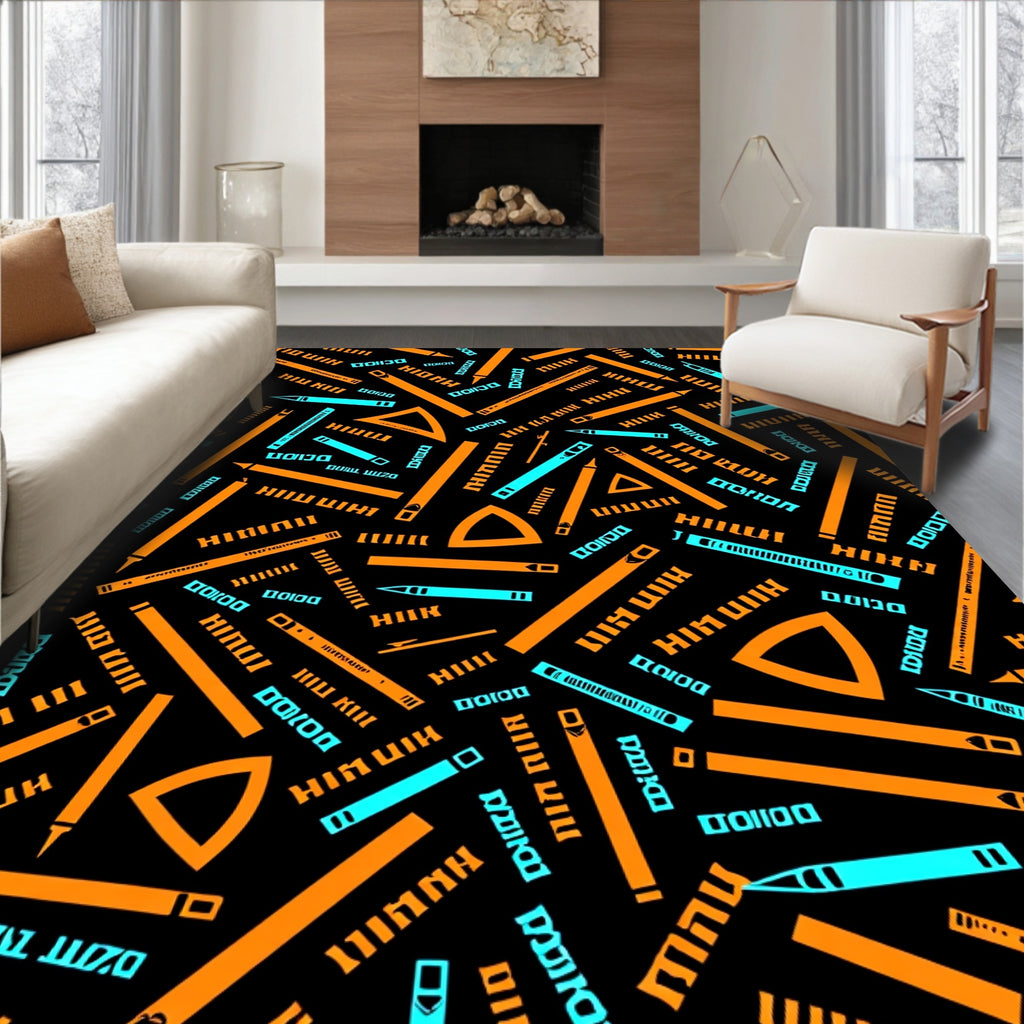 Orange Blue Ruler Geometric Pattern Rug