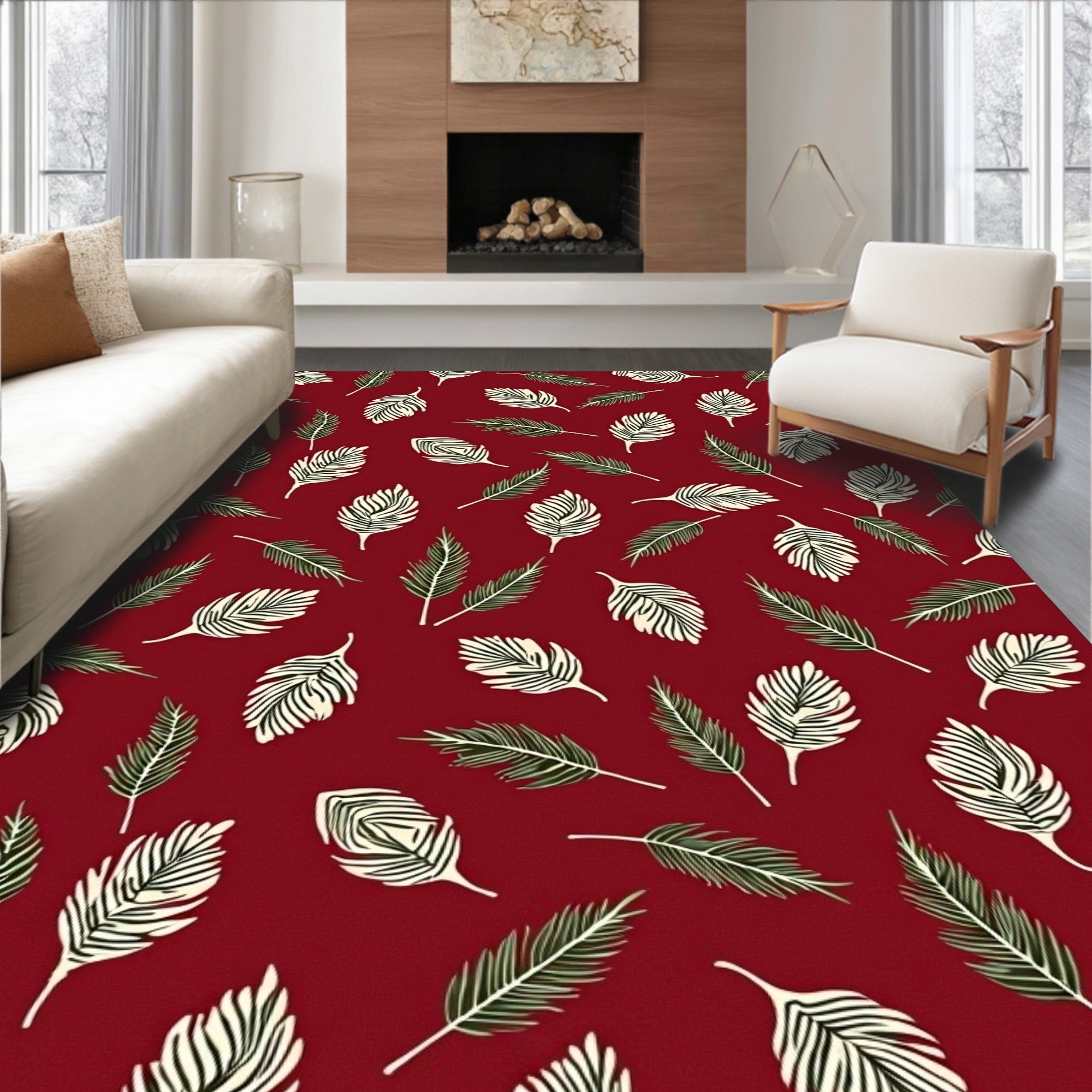 Leaf Pattern With Red Background Rug