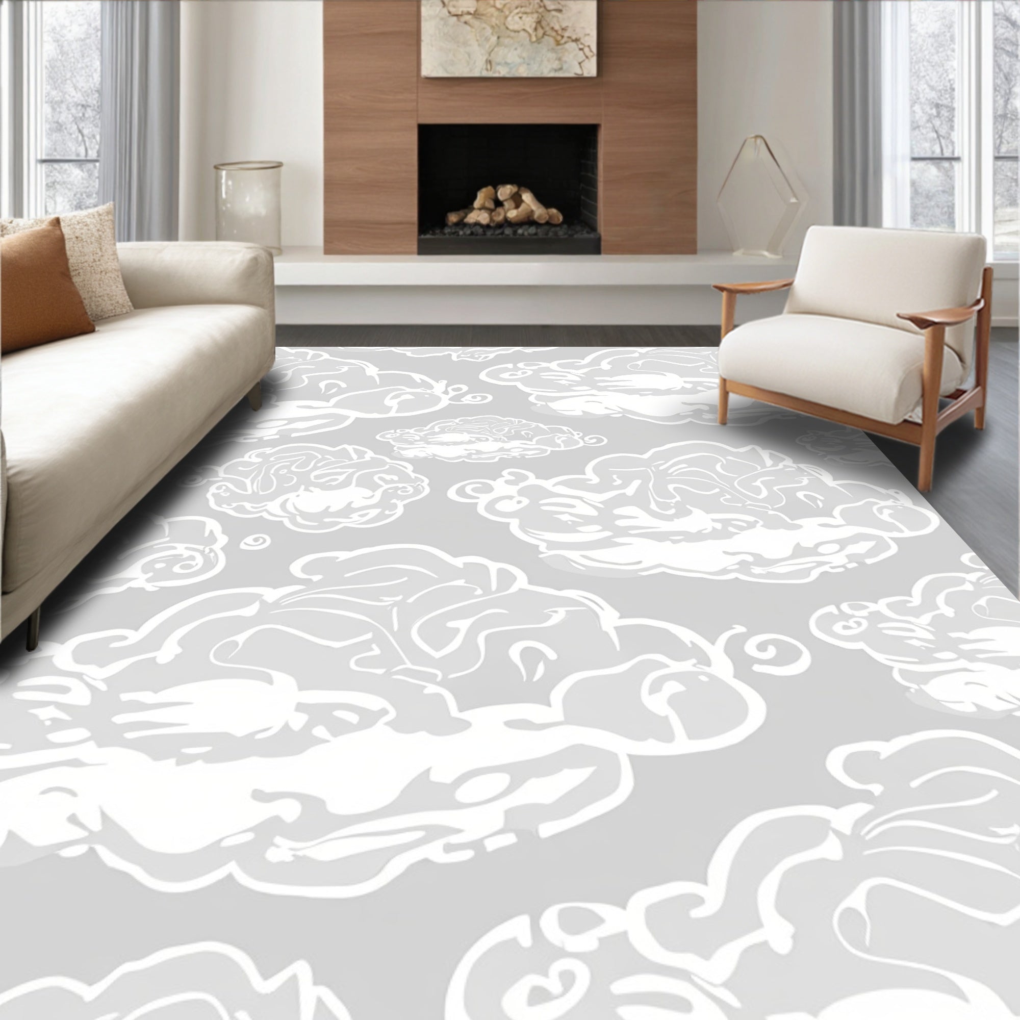 Whimsical White Cloud Patterned Ground Rug