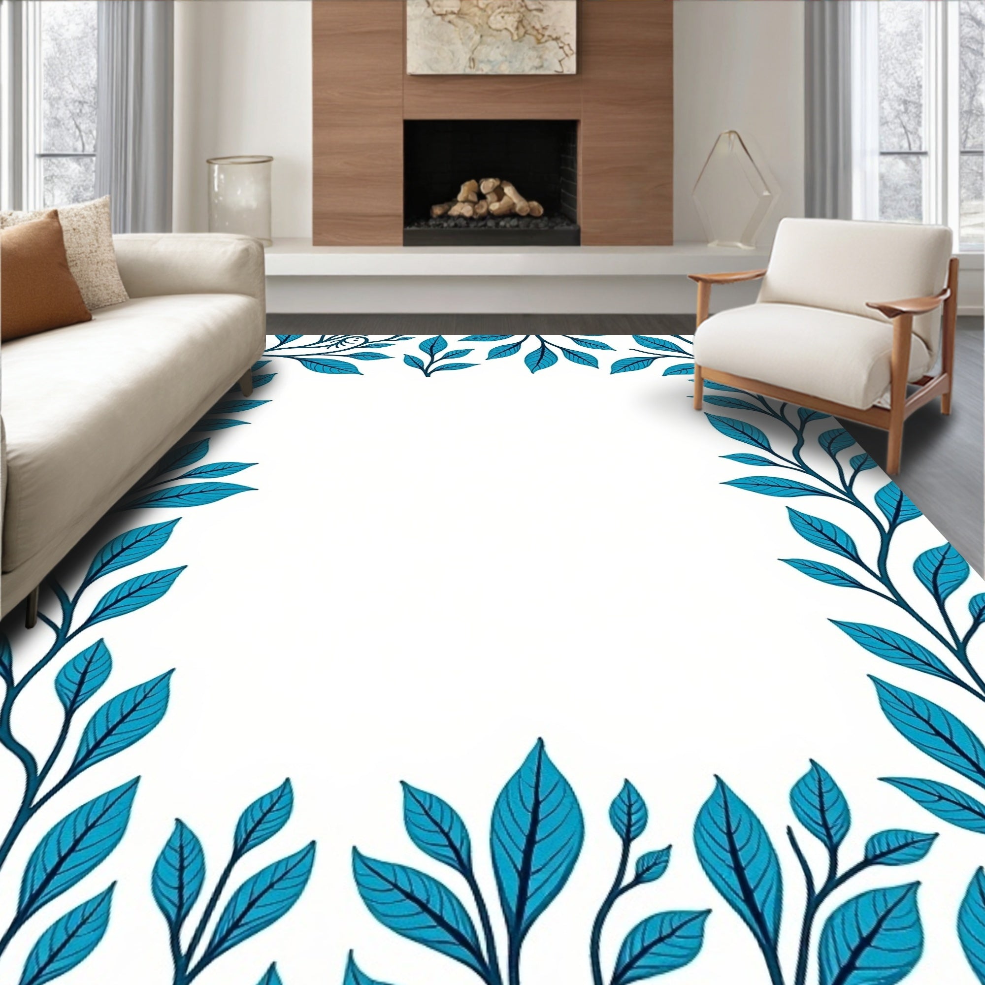 Coastal Teal Leaf Branch Pattern Rug