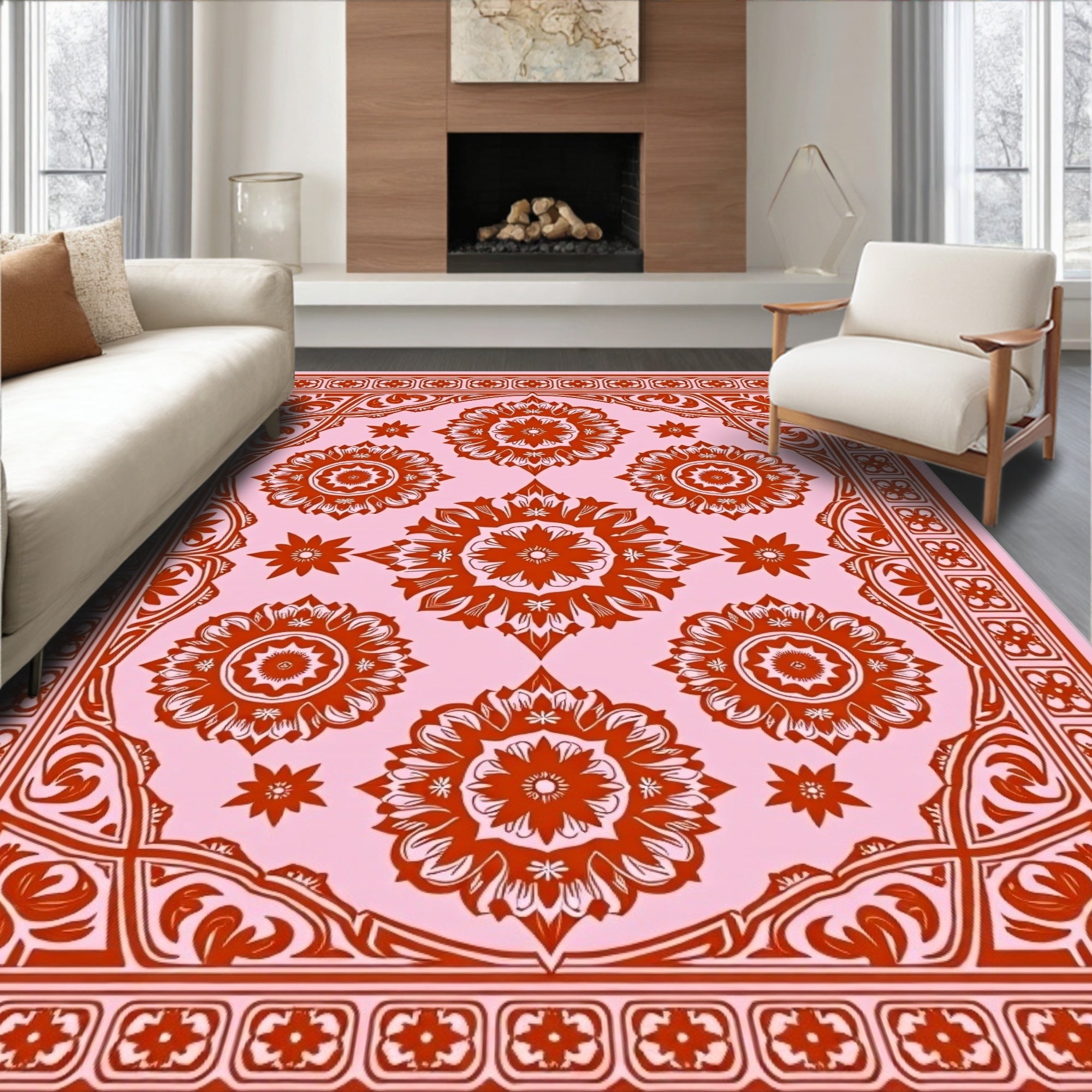 Coral Medallion Floral Pink Rug