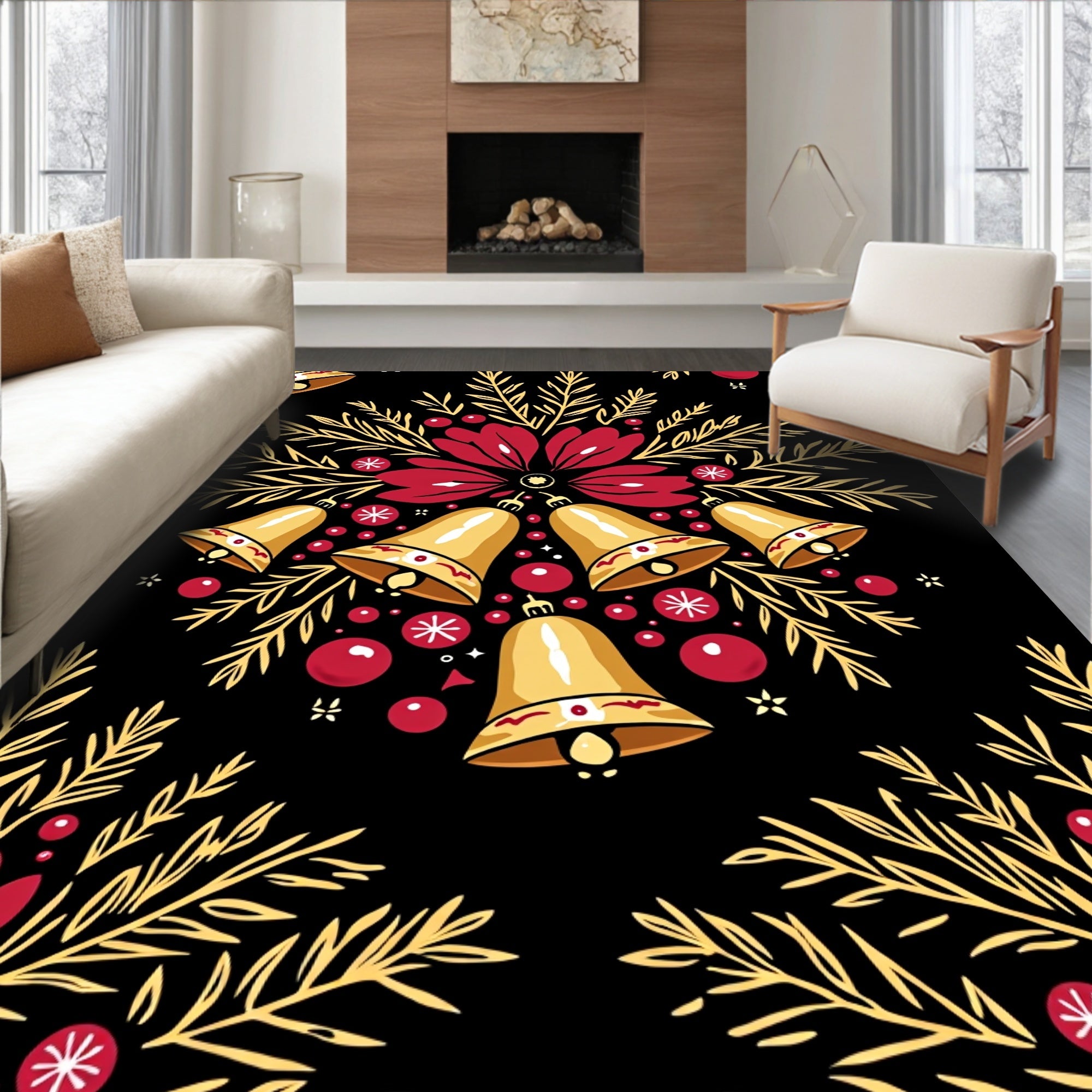 Festive Golden Bells Red Flower Pattern Rug