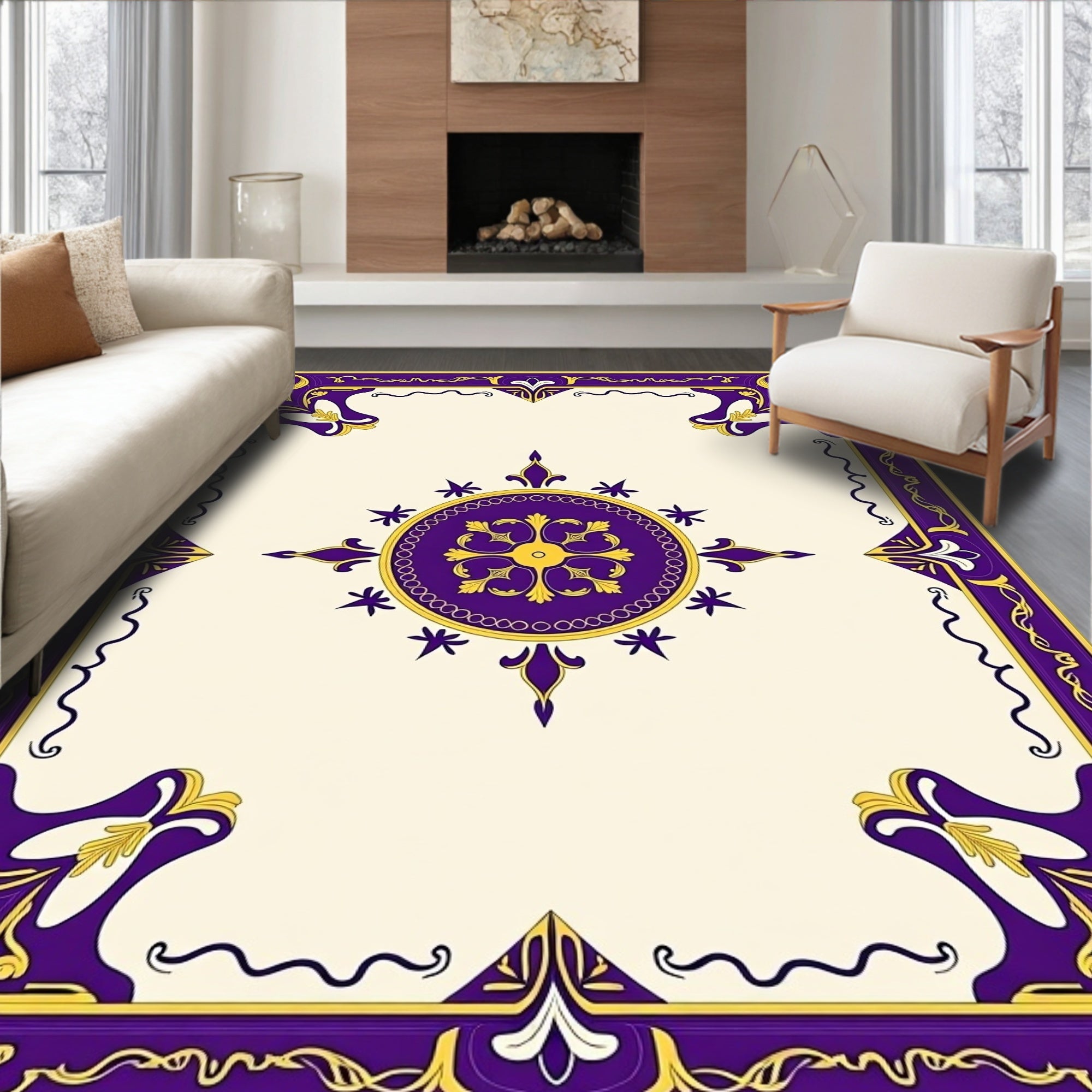 Purple Gold Floral Medallion Border Rug