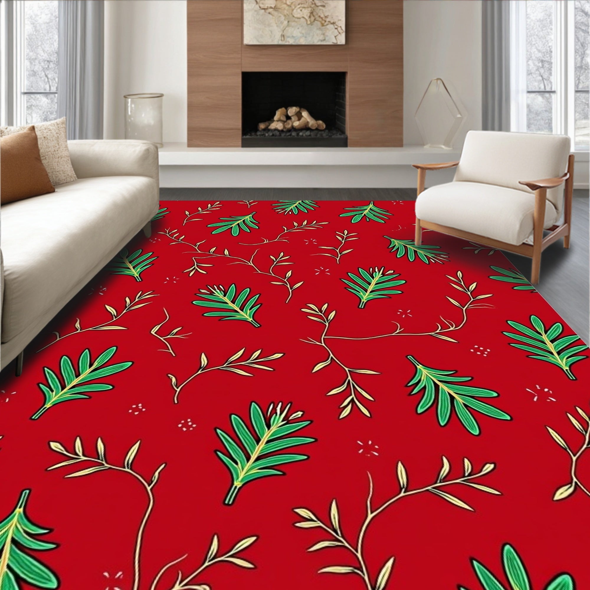 Red Botanical Branch Pattern Rug