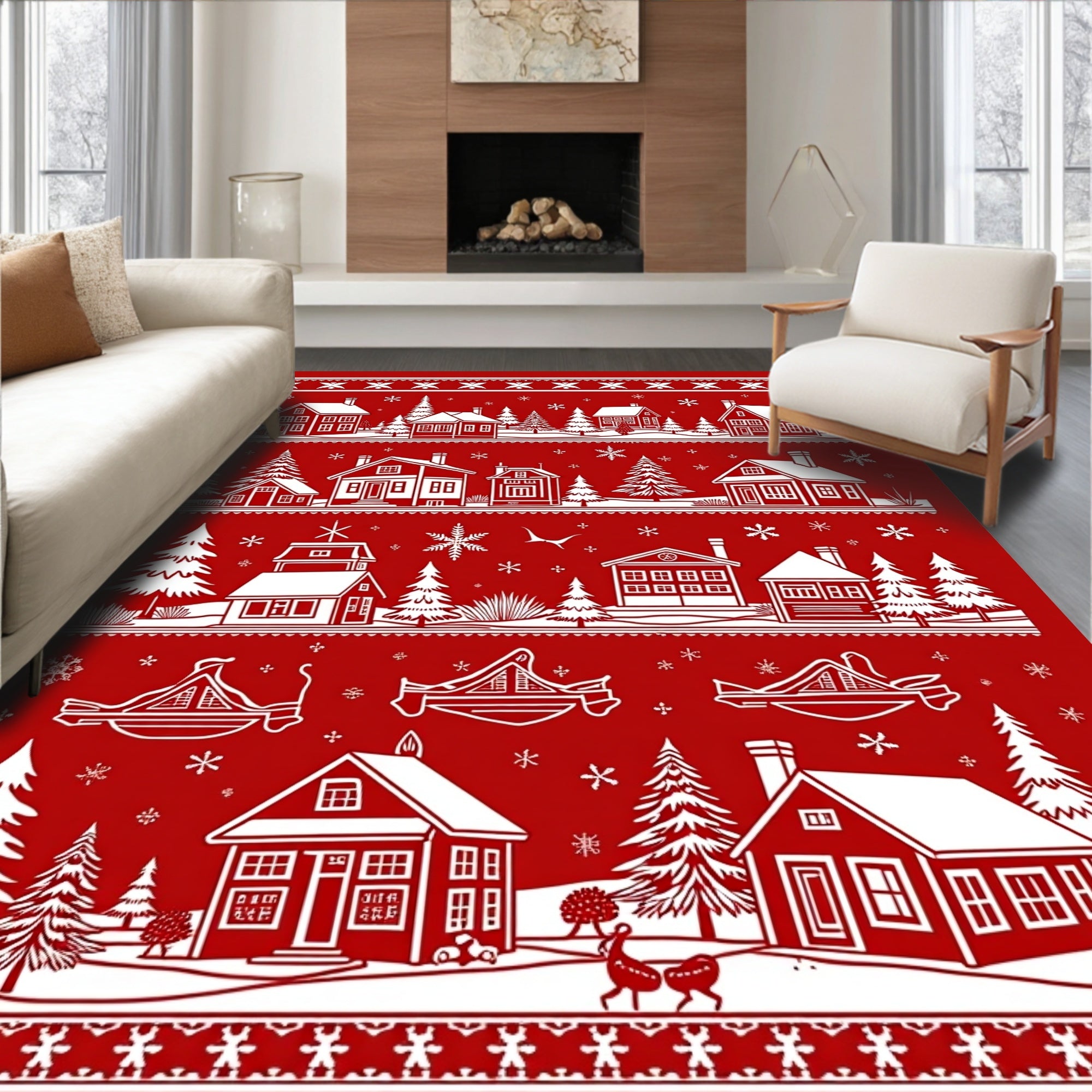 Winter Village Festive Scene Design Rug