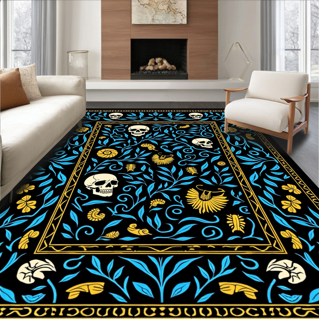 Midnight Black Skull Floral Accent Rug