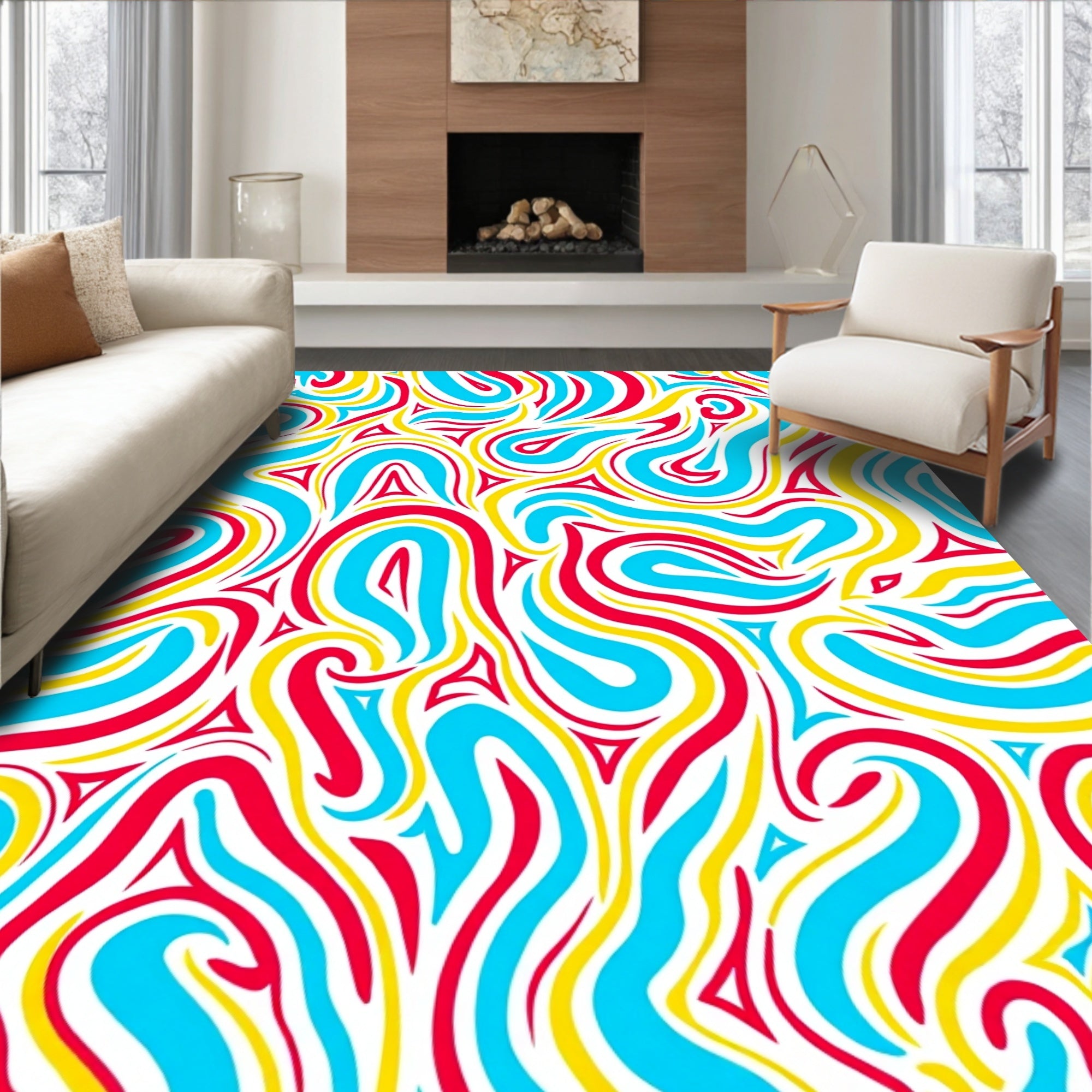 Vibrant Swirls Red Blue Yellow Pattern Rug