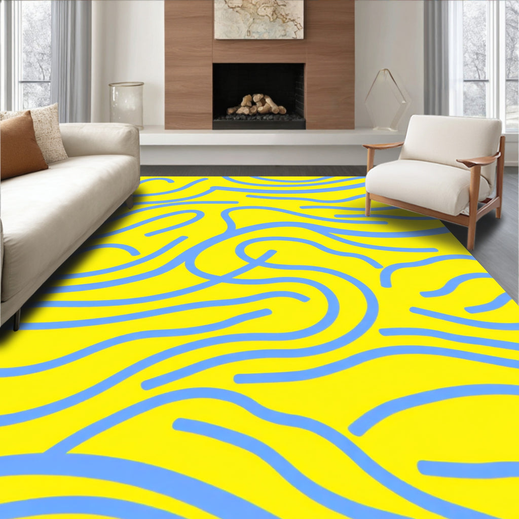 Vibrant Yellow And Blue Wavy Pattern Rug