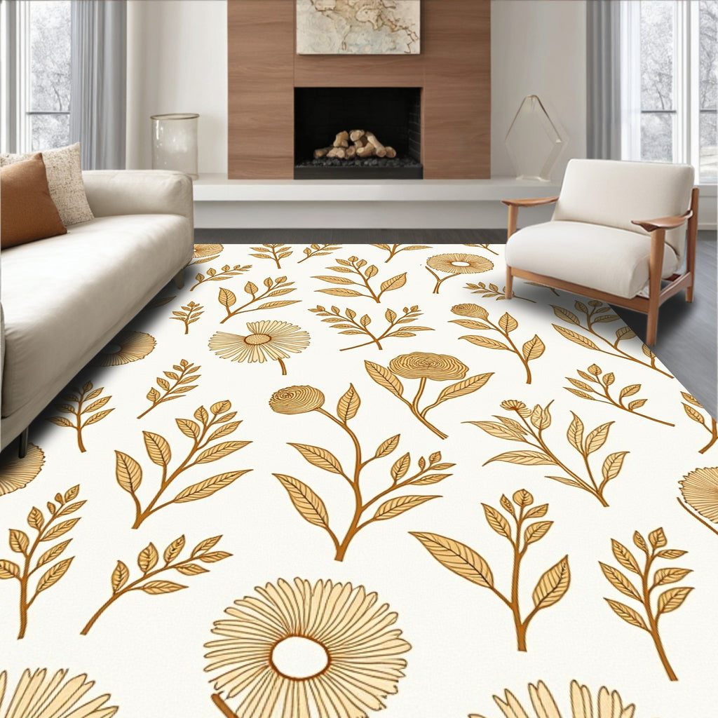 Golden Floral Botanical Pattern Rug