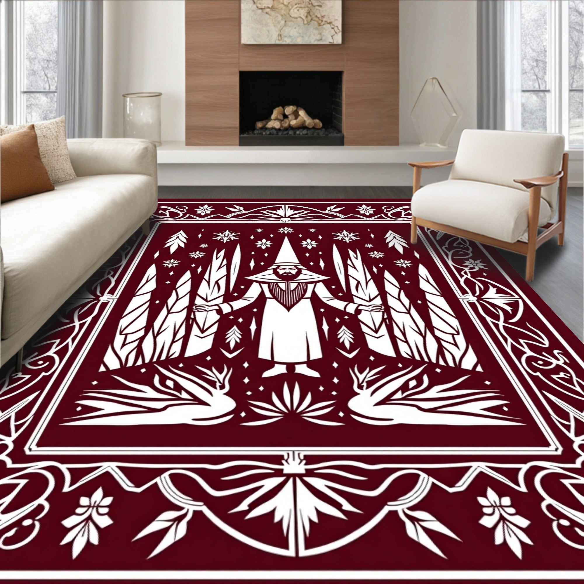 Mystical Figural Forest Snowflake Design Rug