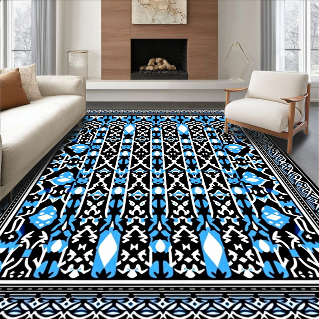 Blue White Black Abstract Geometric Design Rug