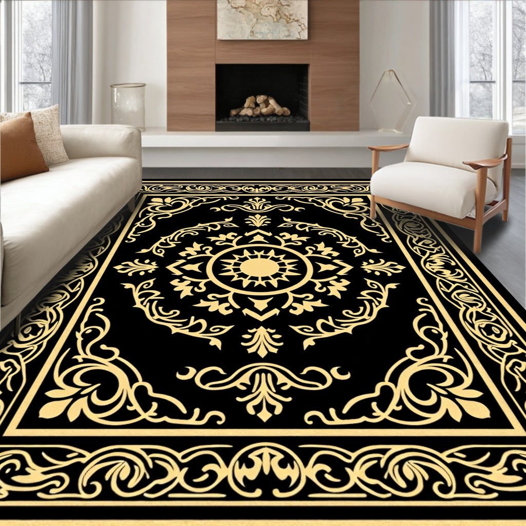 Elegant Black Gold Floral Pattern Rug