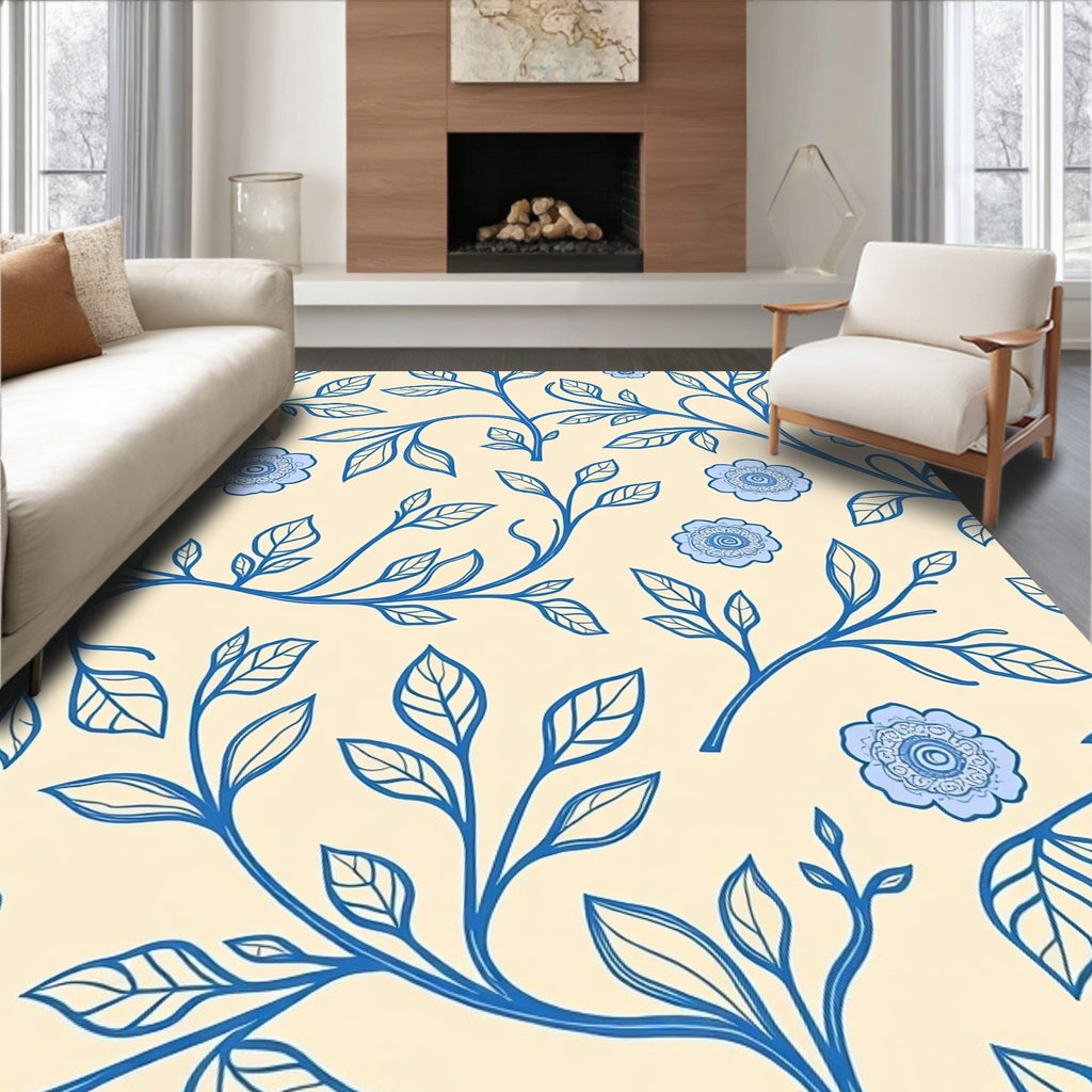 Delicate Blue Floral Vine Pattern Rug