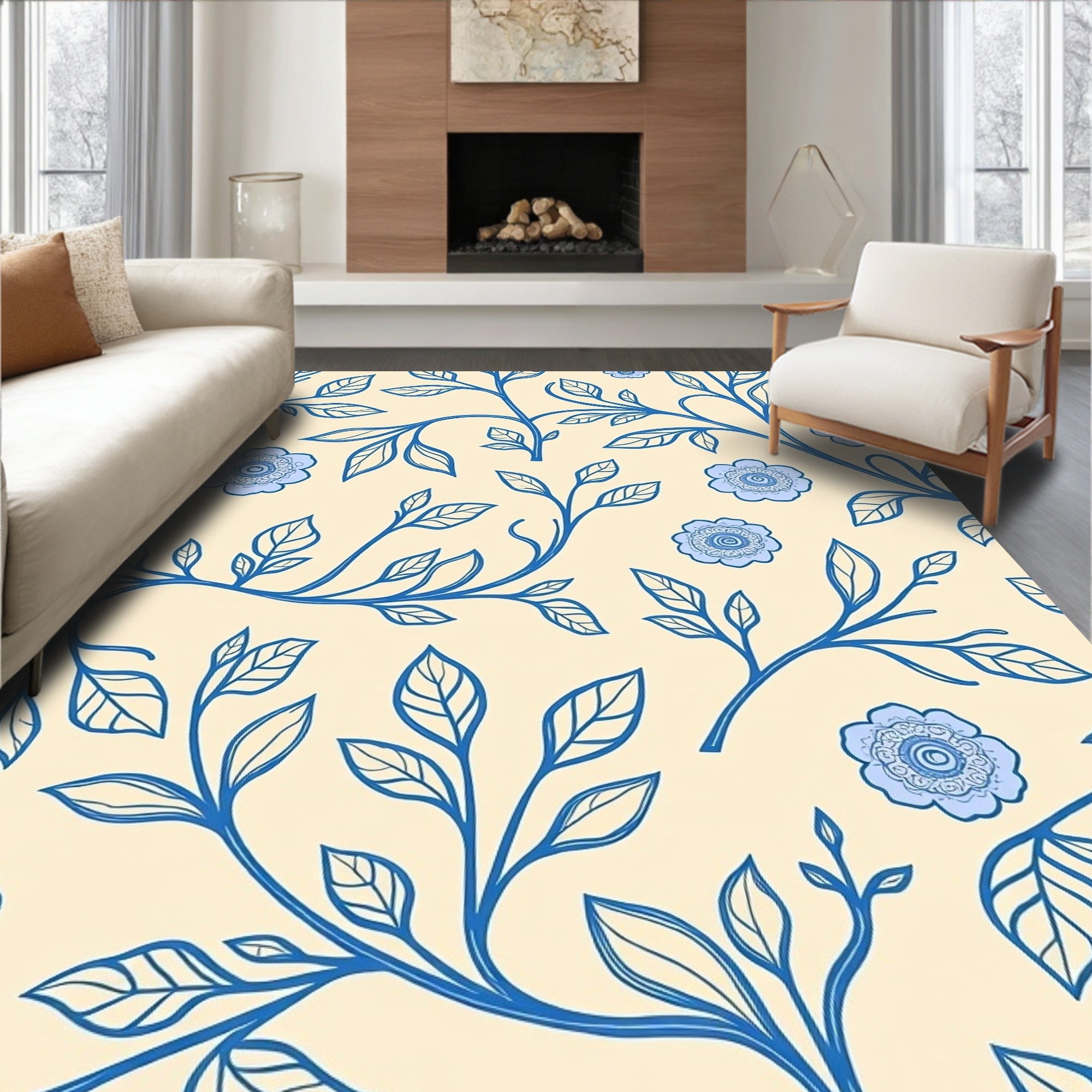 Delicate Blue Floral Vine Pattern Rug