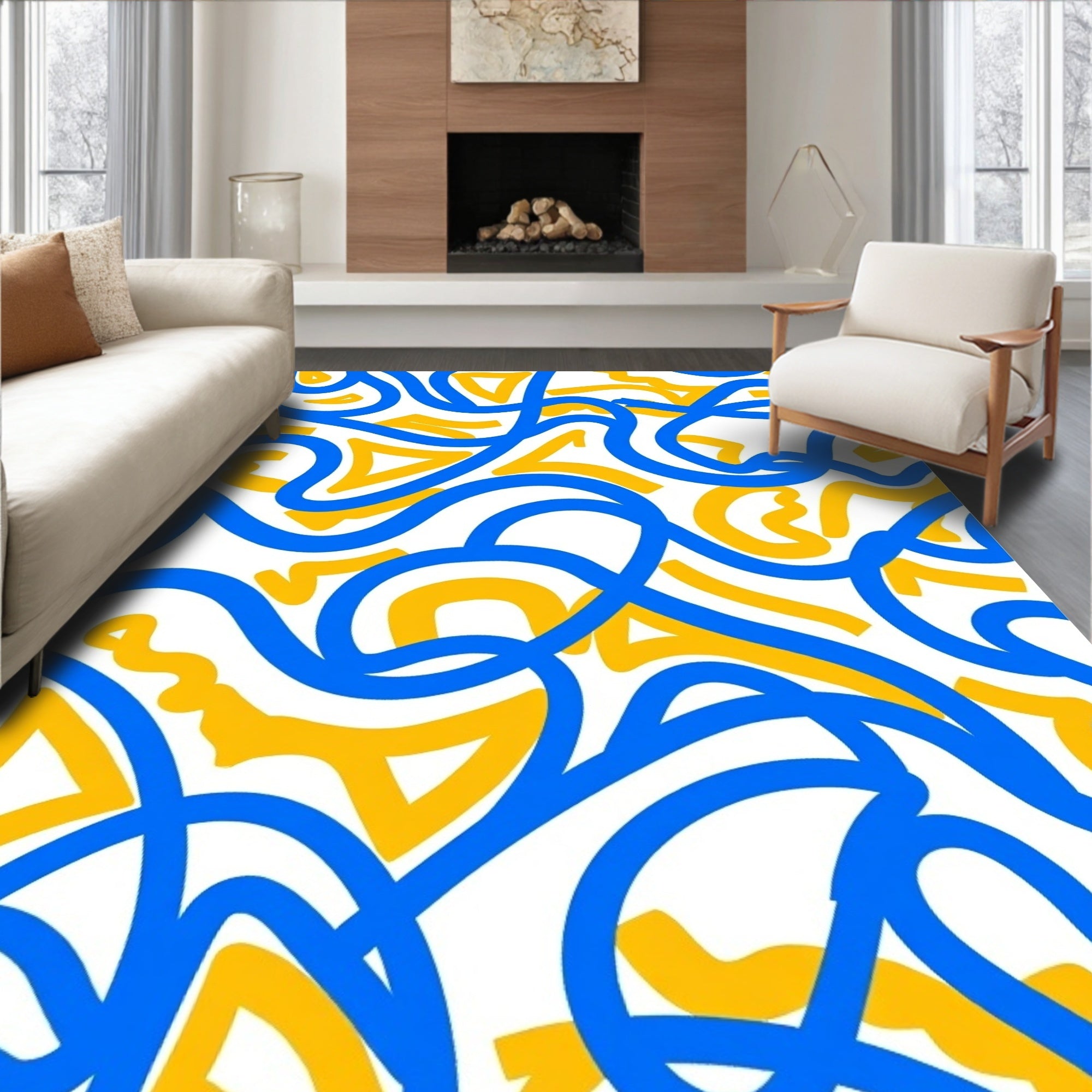 Abstract Curvy Blue Yellow Lines Rug