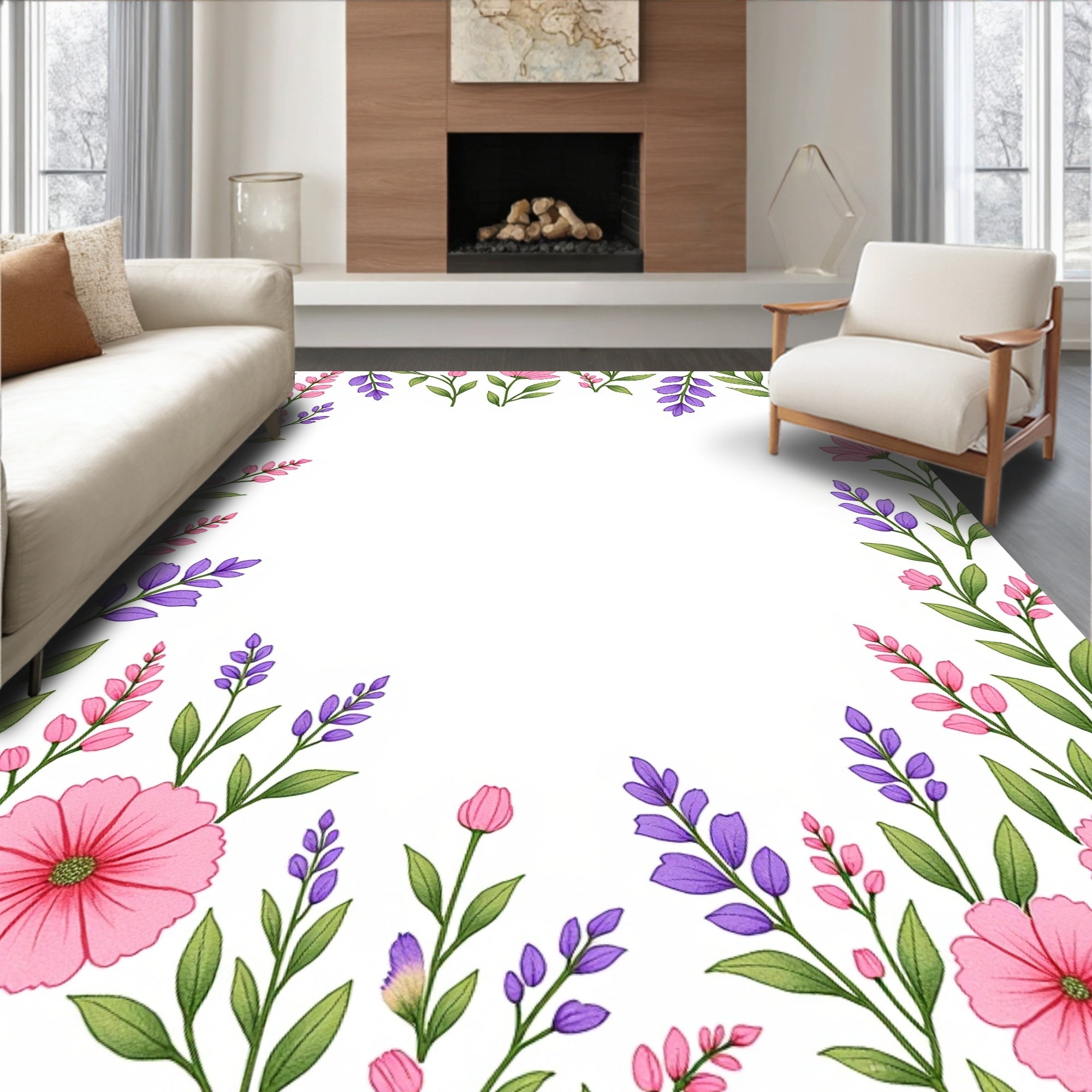 Whimsical Pink Purple Floral Border Rug