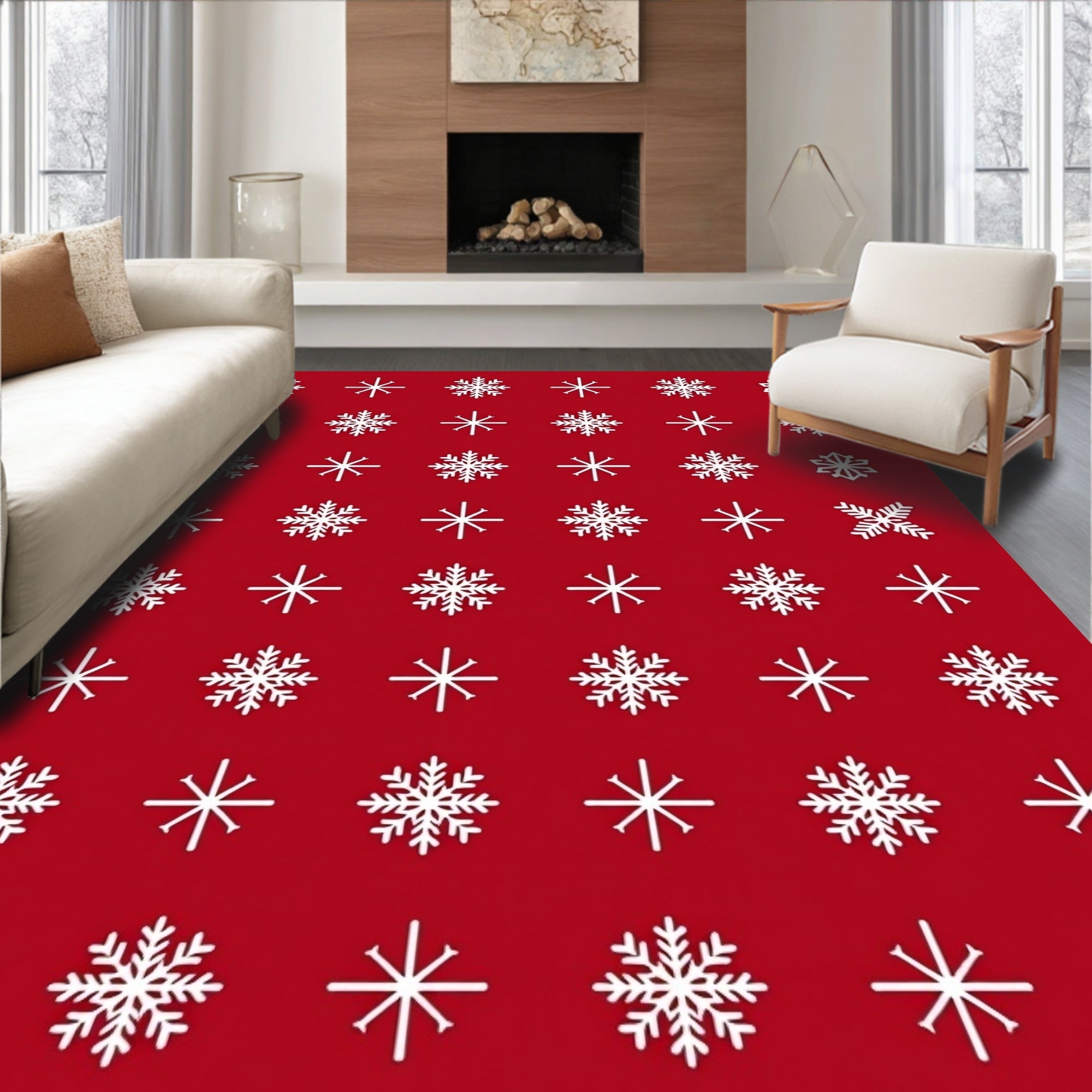 White Snowflake Patterned Red Textile Rug