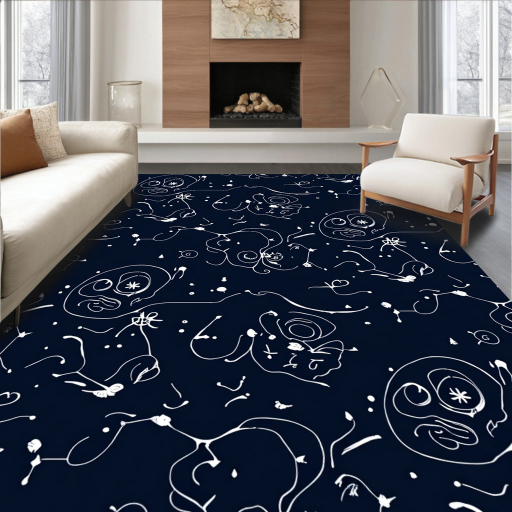 Dark Blue White Sketchy Character Pattern Rug