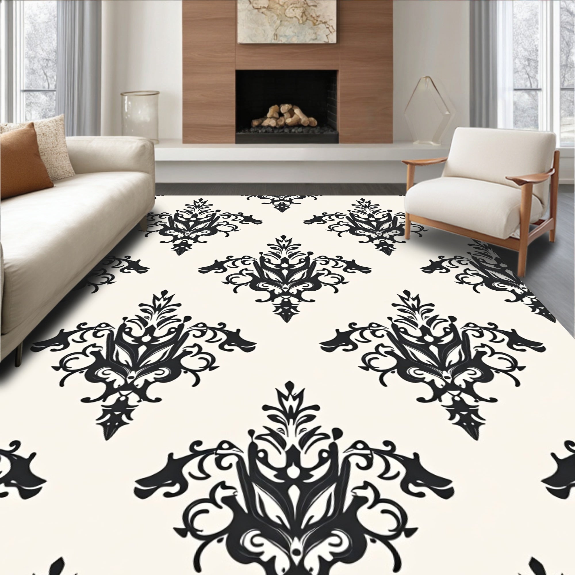 Classic Black Damask Scroll Pattern Rug