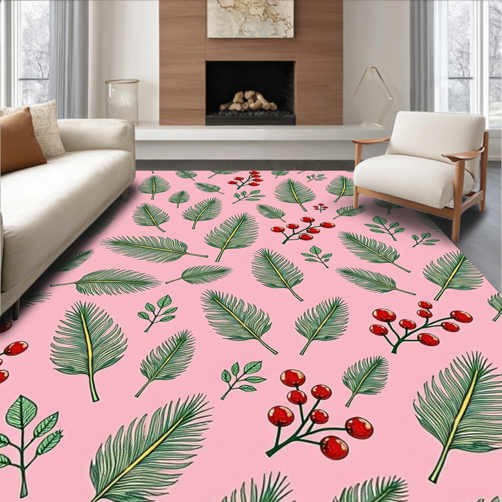 Pink Berry And Fern Botanical Rug