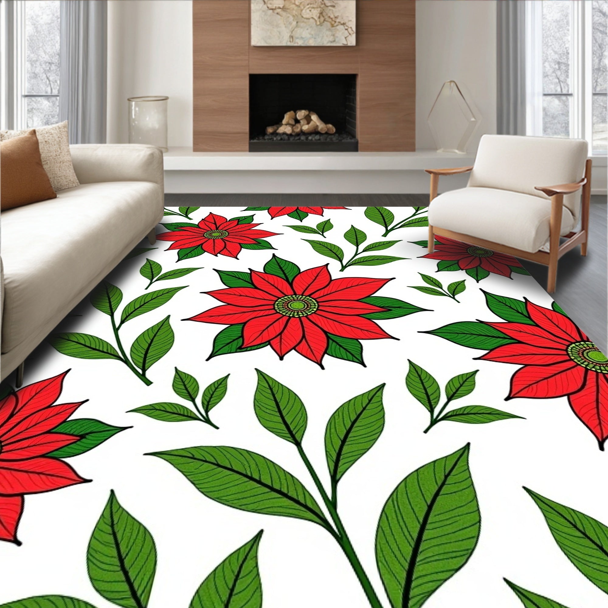 Red Flower Green Leaf Pattern Rug