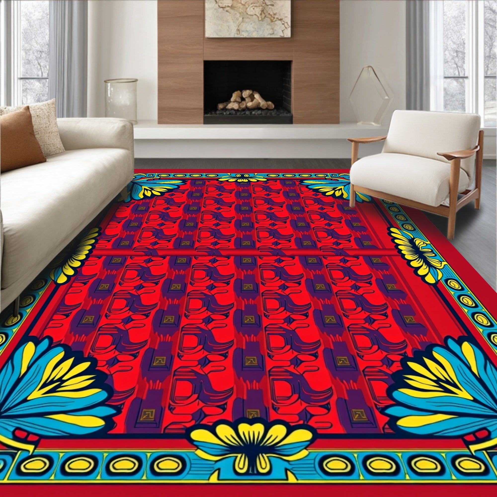 Vibrant Floral Red Stylized Pattern Rug