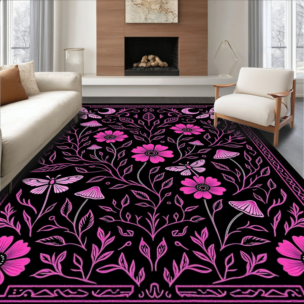 Whimsical Floral Butterfly Moon Pattern Rug