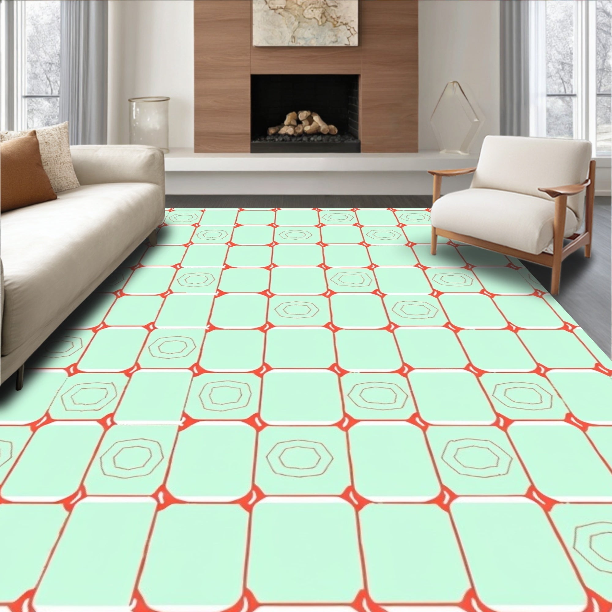 Modern Pale Green Rectangular Pattern Design Rug