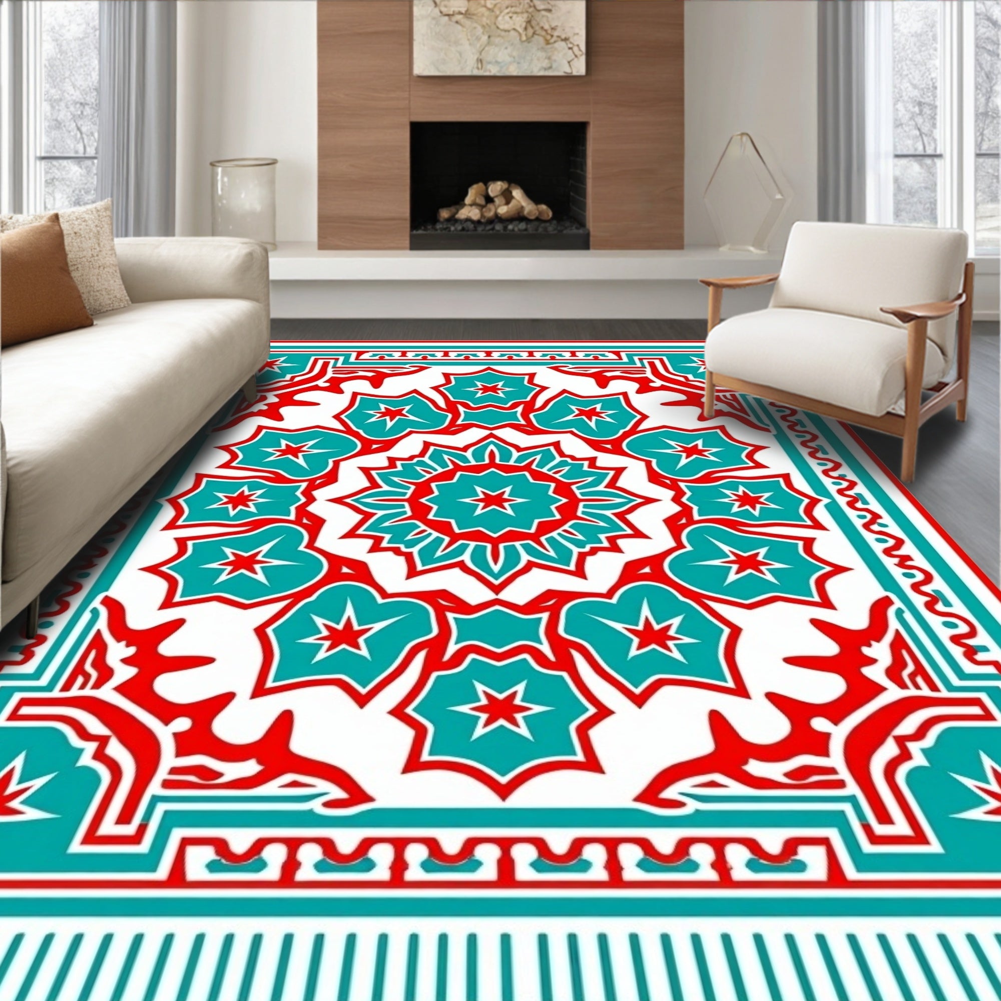 Ornate Teal Red Floral Medallion Rug