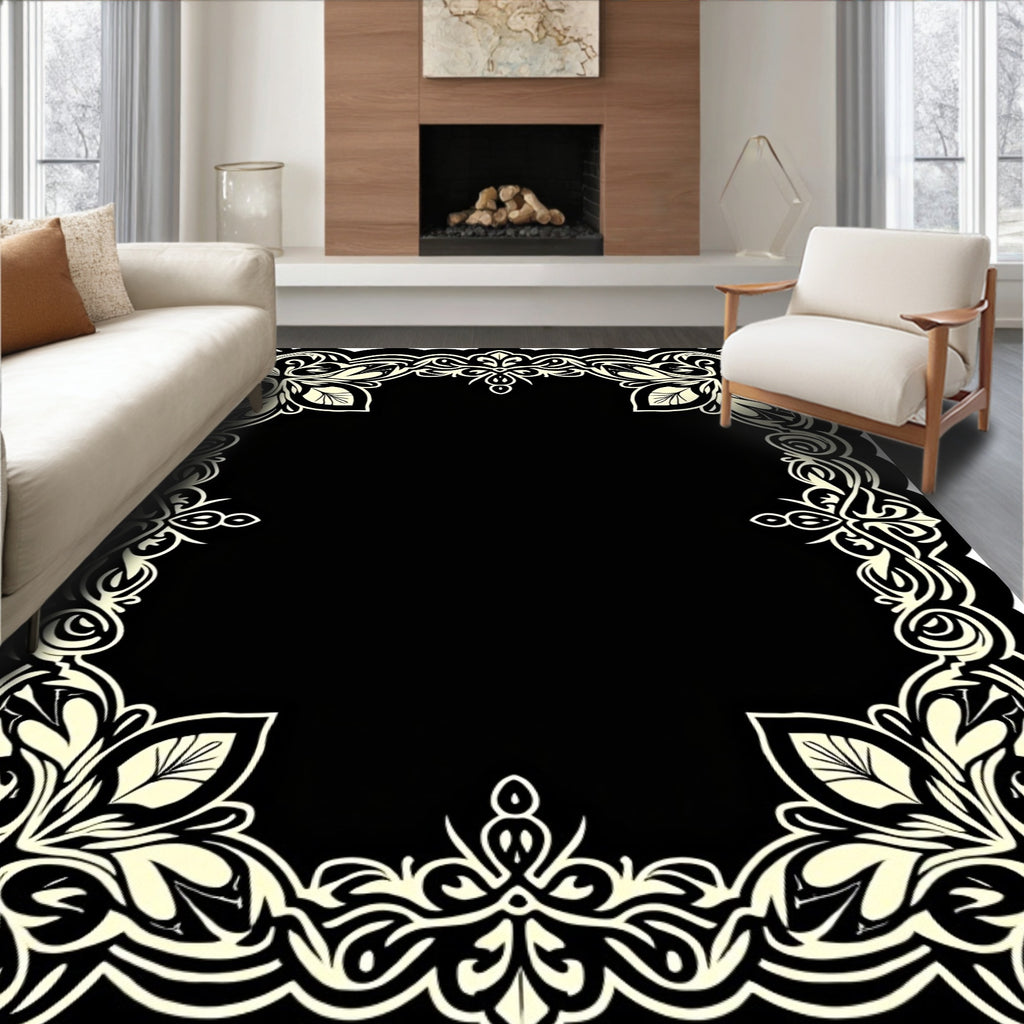 Elegant Black Floral Scroll Design Rug