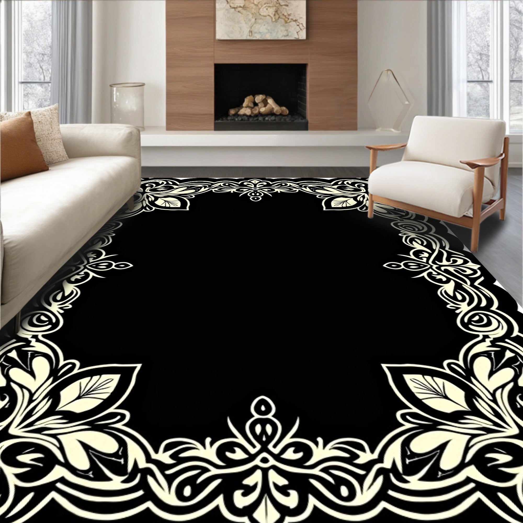 Elegant Black Floral Scroll Design Rug
