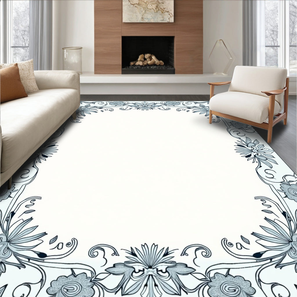 Pale Blue Floral Vine Swirl Border Rug