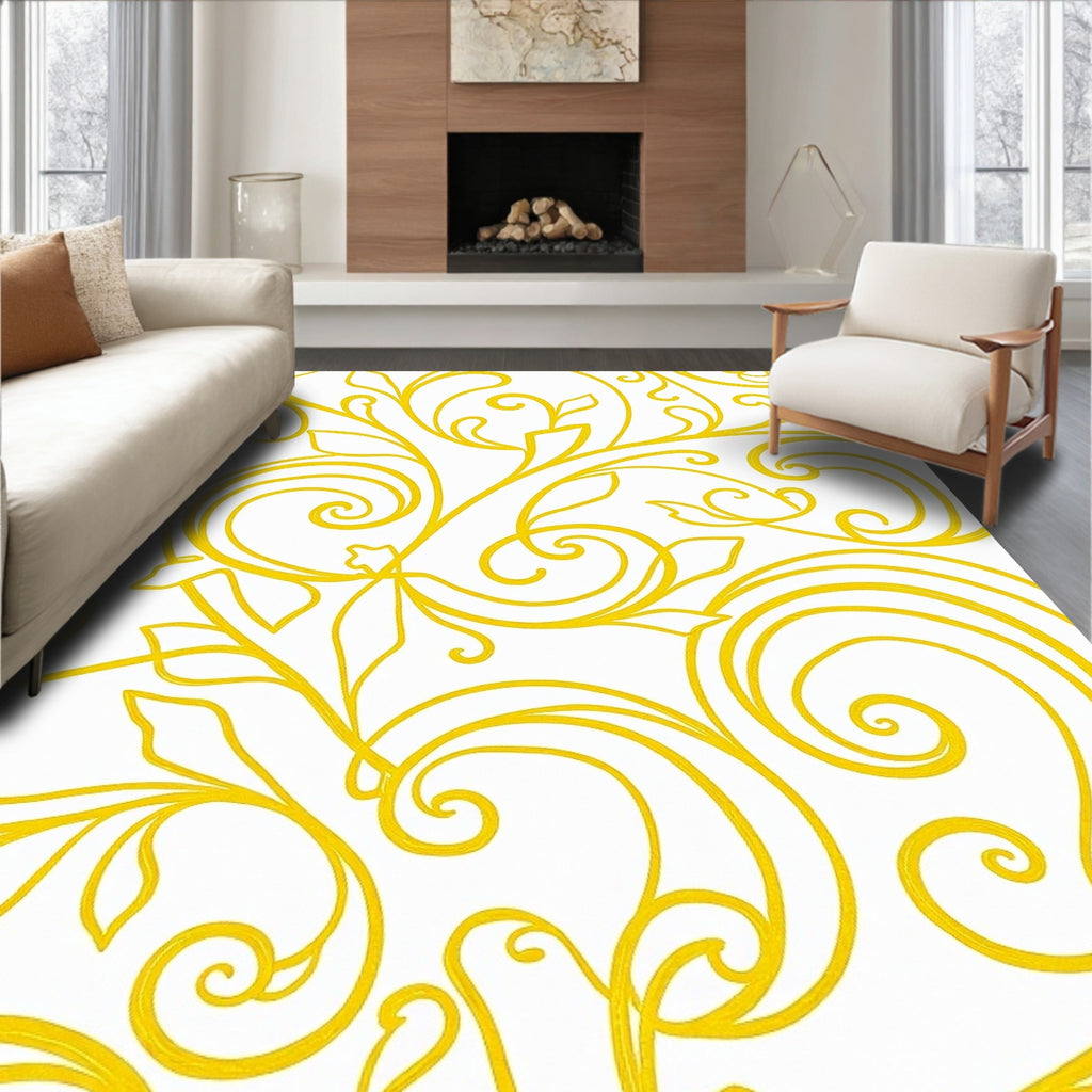 Elegant Yellow Swirl Floral Pattern Rug